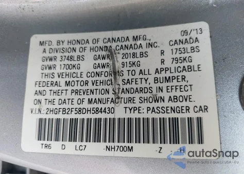 2013 Honda Civic Lx from USA, damaged, VIN 2HGFB2F58DH584430